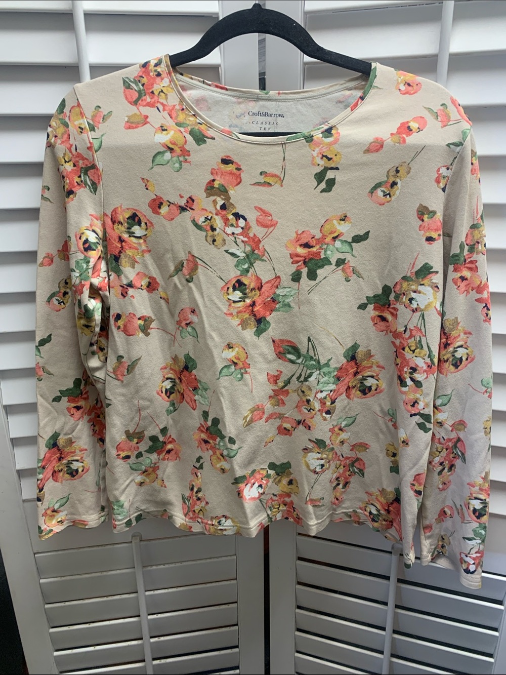 croft & barrow Cream Floral Long-Sleeve Tee with Coral and Green Print